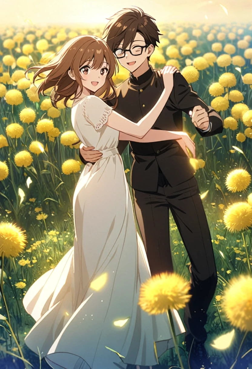 anime, two people, one beautiful female with long brown hair and no glasses, the other person is a male with short dark brown hair and black rimmed glasses, they are boyfriend and girlfriend, both smiling, dancing in a field of dandelions