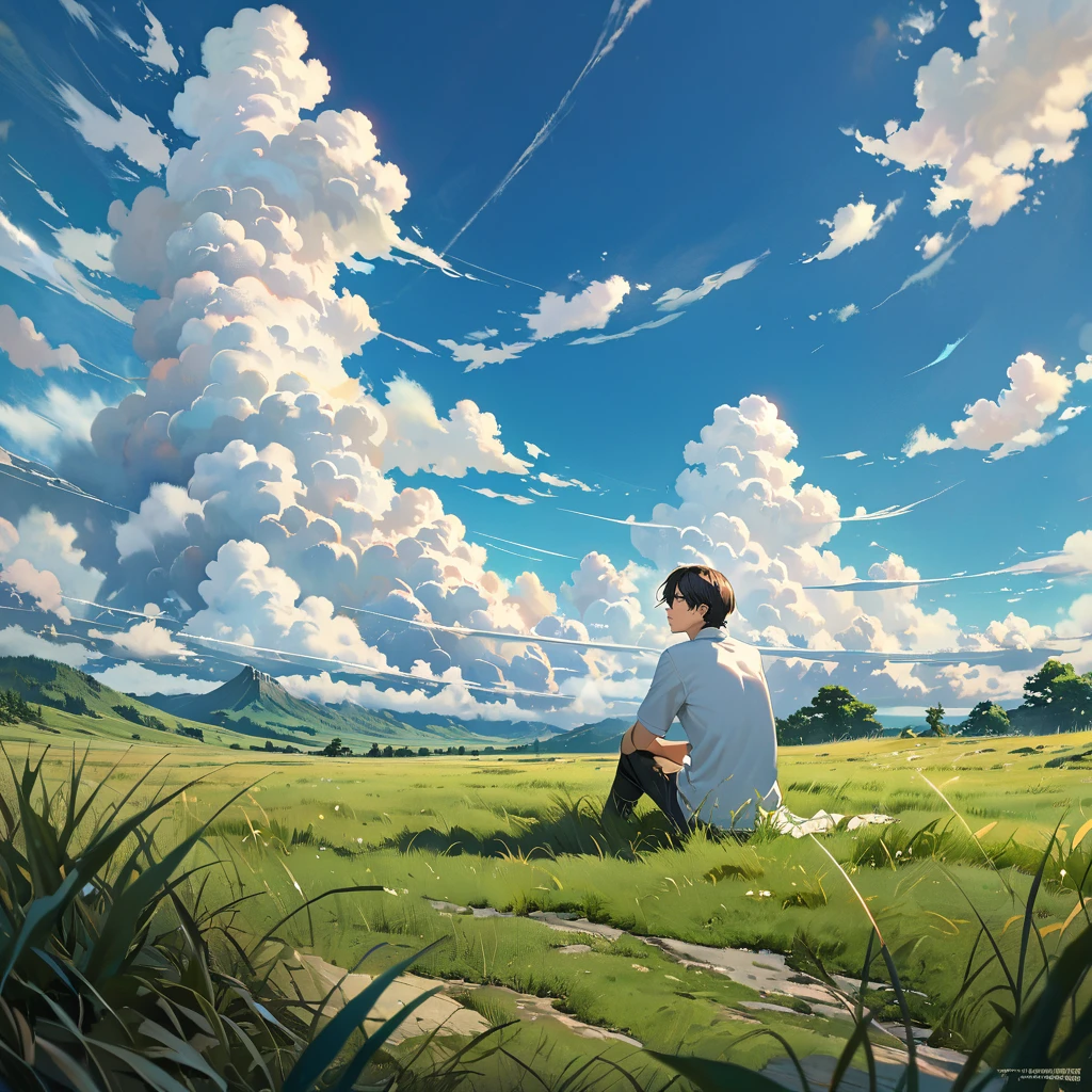 anime, anime landscape, beautiful hair, sitting in grass, guy looking at clouds, in a grassland, creative, realist, white clouds, blue sky, landscape amazing, guy looking away from camera, wide photo