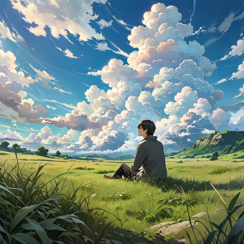 anime, anime landscape, beautiful hair, sitting in grass, guy looking at clouds, in a grassland, creative, realist, white clouds, blue sky, landscape amazing, guy looking away from camera, wide photo