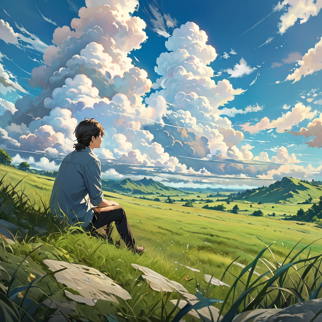 anime, anime landscape, beautiful hair, sitting in grass, guy looking at clouds, in a grassland, creative, realist, white clouds, blue sky, landscape amazing, guy looking away from camera, wide photo