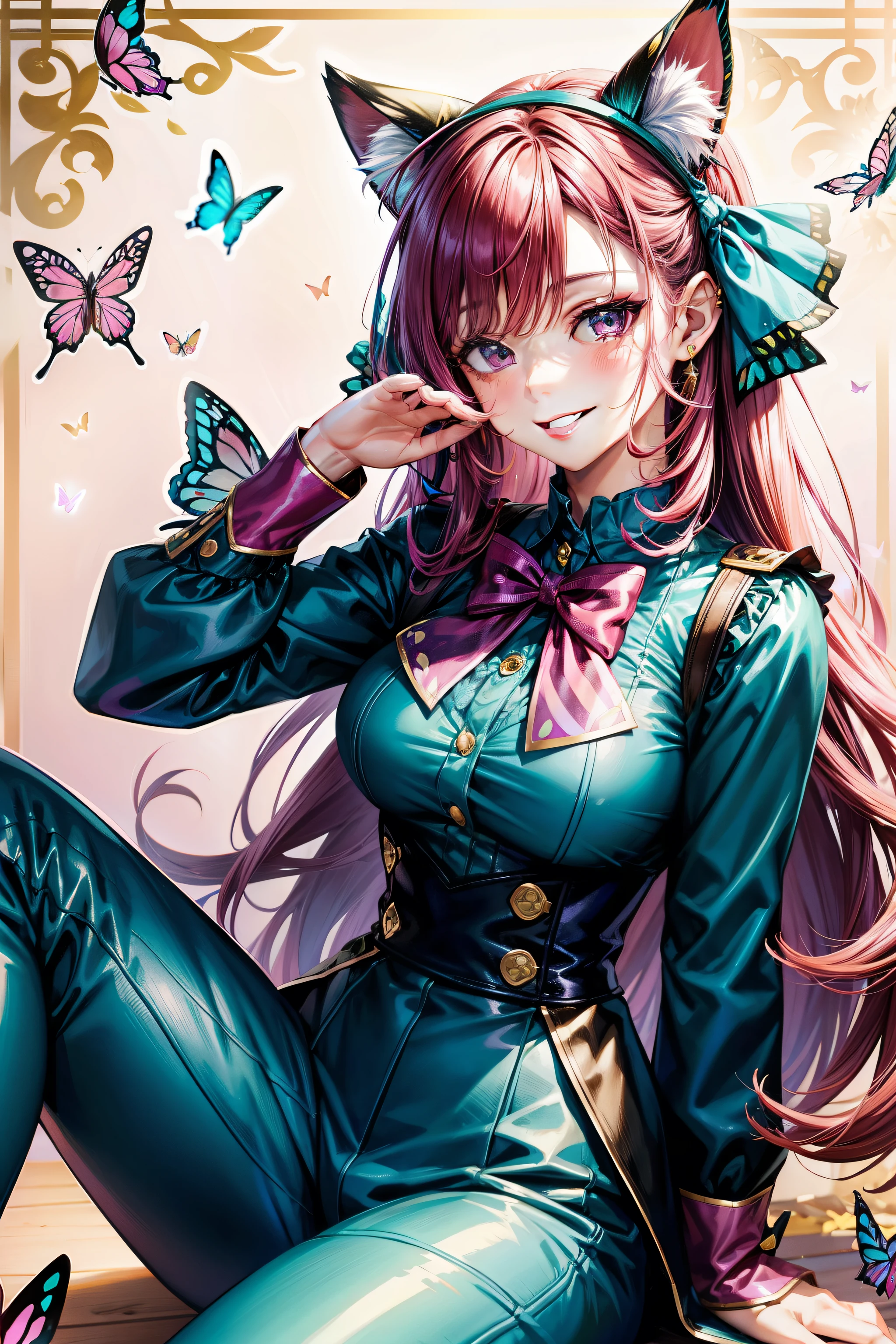 Magenta hair, brown eyes, older woman, hair bows, cat ears, long hair, smiling face, sexy outfit, butterflies, teal and gold outfit, butterfly background, uniform top