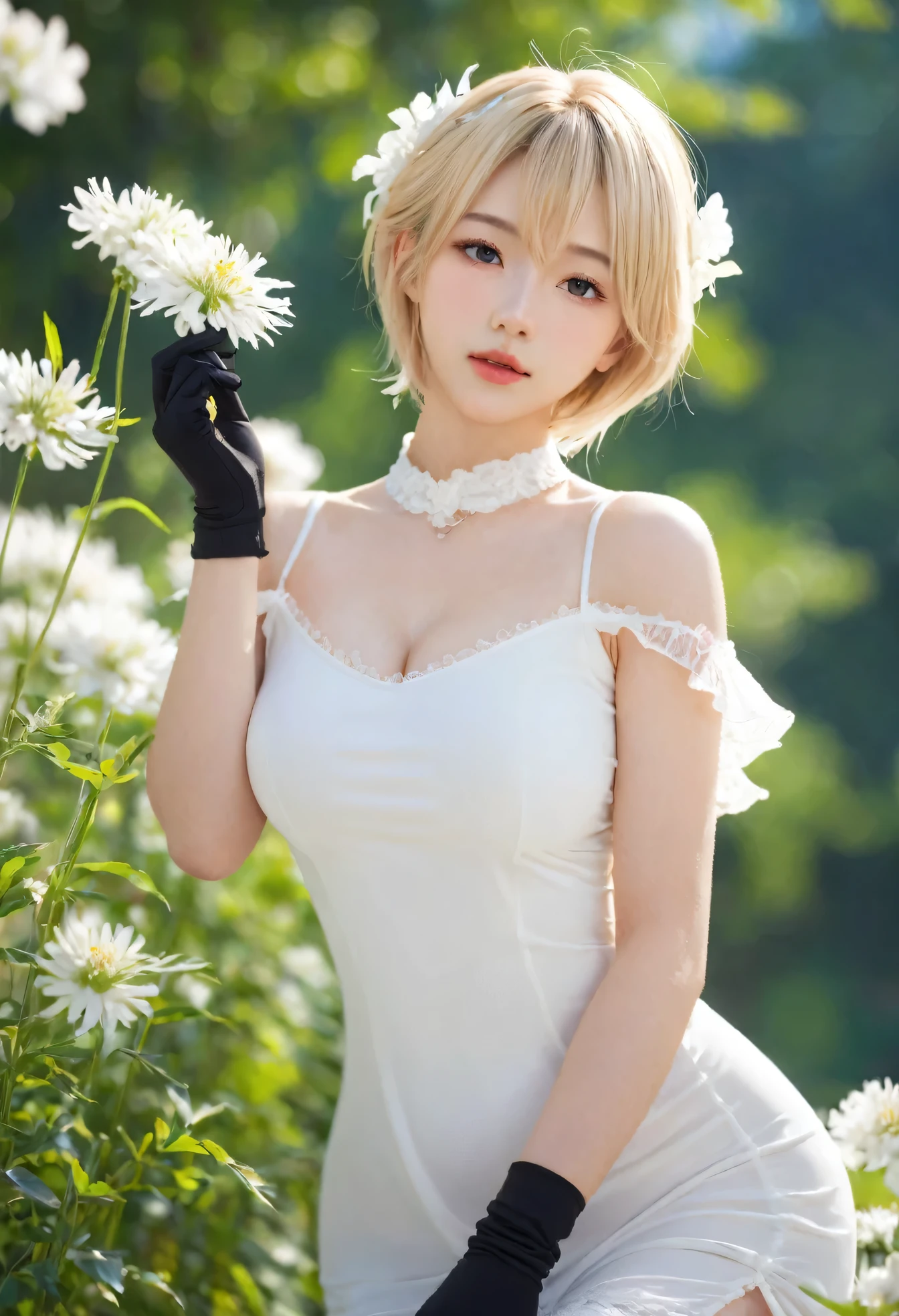 covered_nipples, (areola_slip:0.8),Top of the line CG, highest image quality, masterpiece,8k image quality, exquisite and delicate beautiful girl, ,lumine_(genshin_impact), genshin_impact, blonde_hair, short_hair_with_long_locks, sidelocks, yellow_eyes, hair_flower, hair_ornament, flower, white_flower, detached_sleeves, black_gloves, white_dress, sleeveless_dress, sleeveless, vambraces,,grasses and flowers,blur background,background defocus,