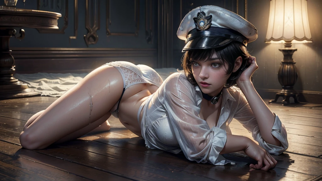 Policewoman，White police uniform，police hat，microkini，Chest out，lust face，spread their legs