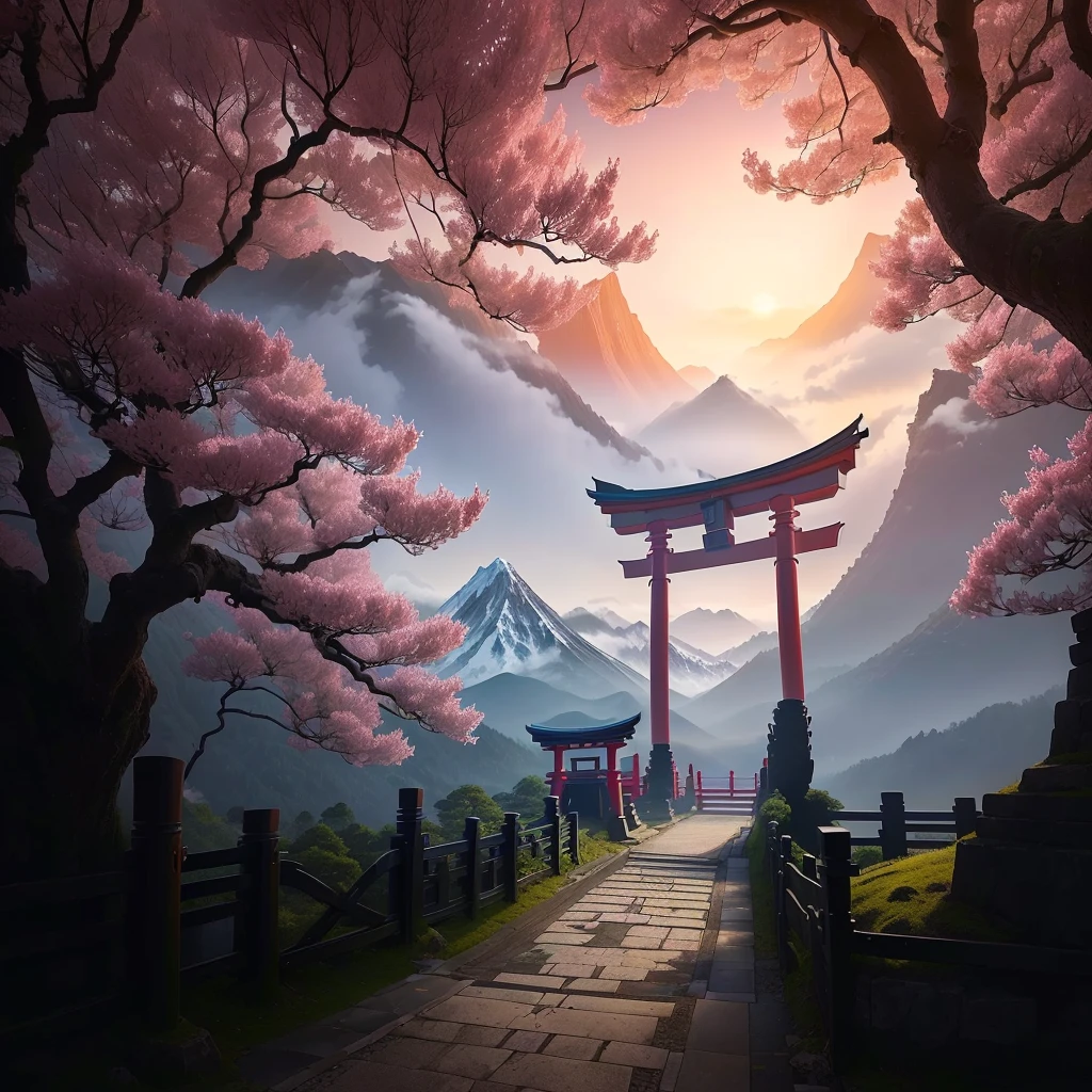 Arafad view with gate and path leading to the mountain, Torii in Japanese mountains, The Flowery Road to Heaven, Torii gate with trees on the mountain, Japanese Landscape, Japanese Nature, Inspired by Torii Kiymoto, author:Torii Kiyozo, author:Torii Kiyozo II, mysterious environment, lush Japanese Landscape