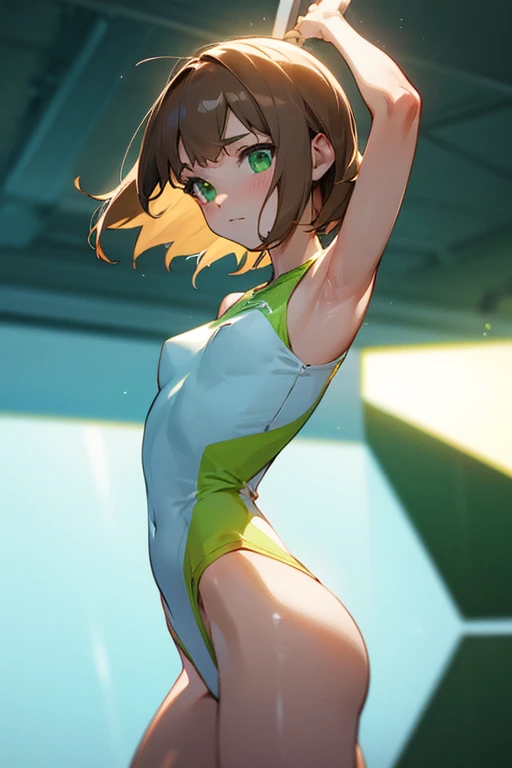 slim white girl, small breasts, good volume rear, green eyes, short shoulder length light brown hair with sportswear