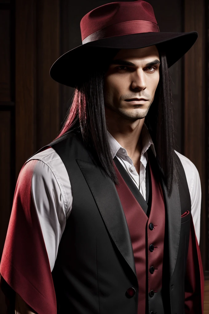 generates a vampire man with long, straight hair with a long wine red vest and a black hat that covers his face