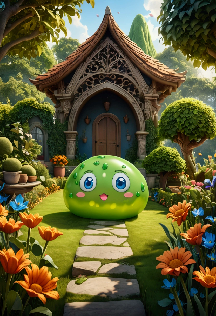 (cute Slime), cartoon style, fantasy art, garden, full body, award-winning, cinematic still, emotional, vignette, dynamic, vivid, (masterpiece, best quality, photorealistic, Professional, perfect composition, very aesthetic, absurdres, ultra-detailed, intricate details:1.3)