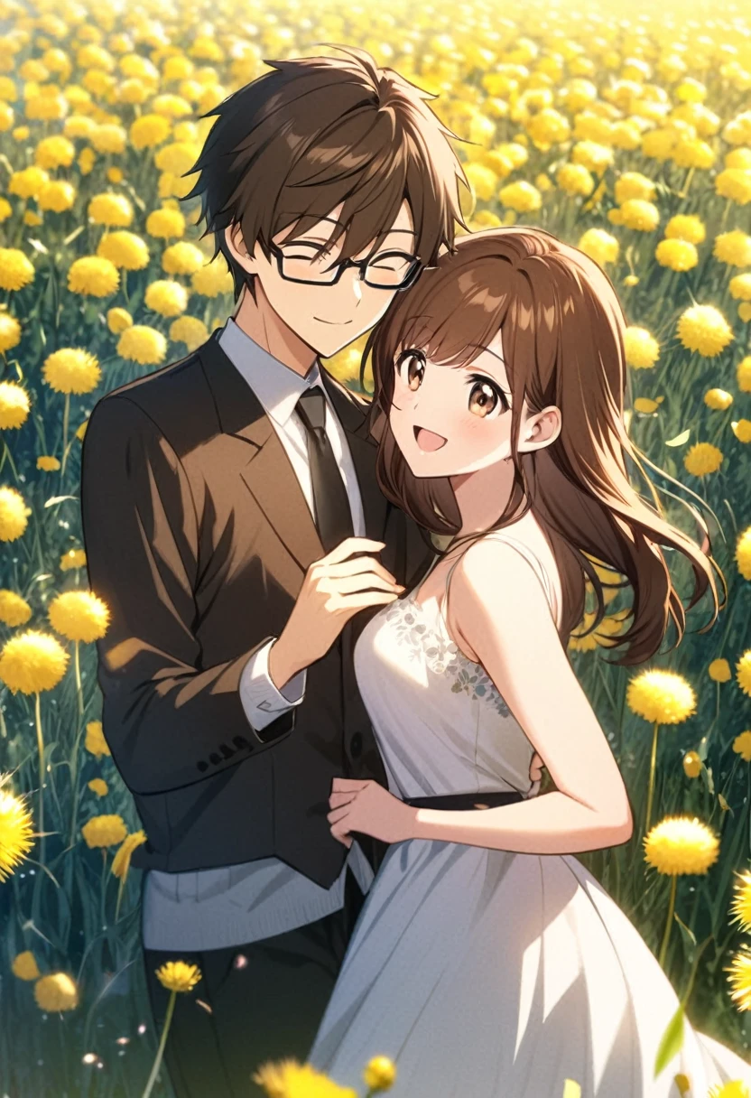 anime, two people, one beautiful female with long brown hair and no glasses, the other person is a male with short dark brown hair and black rimmed glasses, they are boyfriend and girlfriend, both smiling, dancing in a field of dandelions