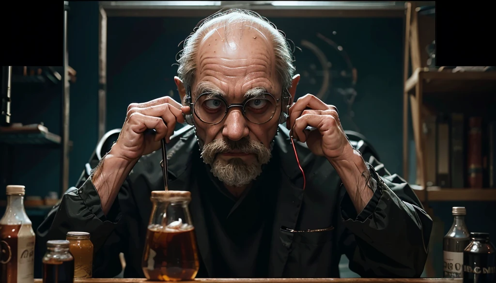 an older evil scientist in his mysterious science lab working on creating an homunculus, a tiny humanoid figure, adding superficial depth to the image. The image features the aesthetics of a granular, grainy film, color graded and post-processed to perfection, enhancing its cinematic scope and making it a frame worthy of being regarded as a masterpiece.