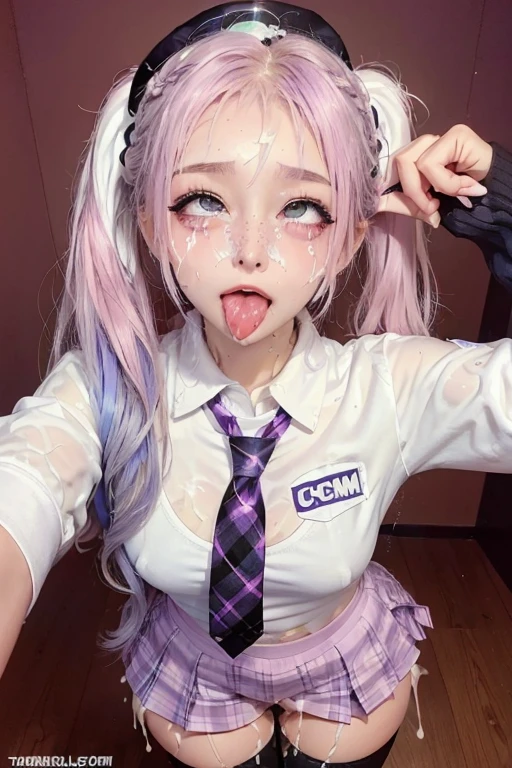 high quality, detailed,she is standing,she is  and junior High school girl wearing very very wet and very transparent long sleeve white shirt and purple tie,purple plaid skirt,(hair up,hair up)(wearing black overknee socks),a mole under the eye,(tounge out,tounge out tounge out),(blushing:1.4),the whole body,(((cum on clothes:1.3))), (((cum on hair:1.3))), (((cum on face:1.3))),, ((((large amount of semen:1.3))))taken from the front