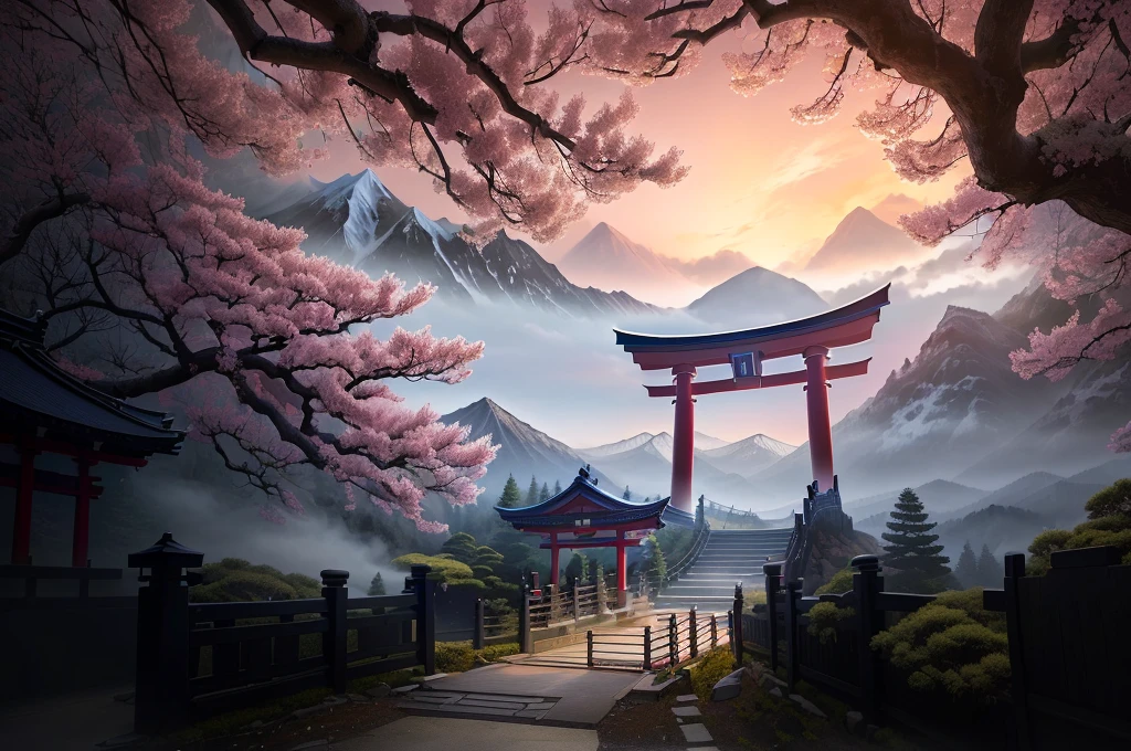 Arafad view with gate and path leading to the mountain, Torii in Japanese mountains, The Flowery Road to Heaven, Torii gate with trees on the mountain, Japanese Landscape, Japanese Nature, Inspired by Torii Kiymoto, author:Torii Kiyozo, author:Torii Kiyozo II, mysterious environment, lush Japanese Landscape