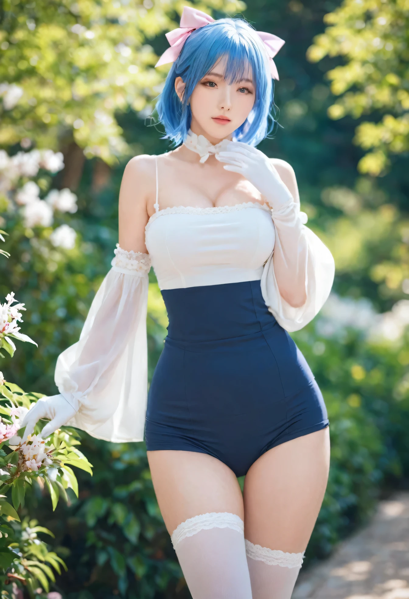 (cum_on_body:1.3),full body, Top of the line CG, highest image quality, masterpiece,8k image quality, exquisite and delicate beautiful girl, ,sangonomiya_kokomi(genshin_impact), blue_hair, pink_hair, multicolored_eyes, long_hair, bow-shaped_hair, colored_tips, bare_shoulders, detached_sleeves, long_sleeves, wide_sleeves, gloves, half_gloves, white_gloves, thighhighs, white_thighhighs,in a botanical garden,blur background,background defocus,