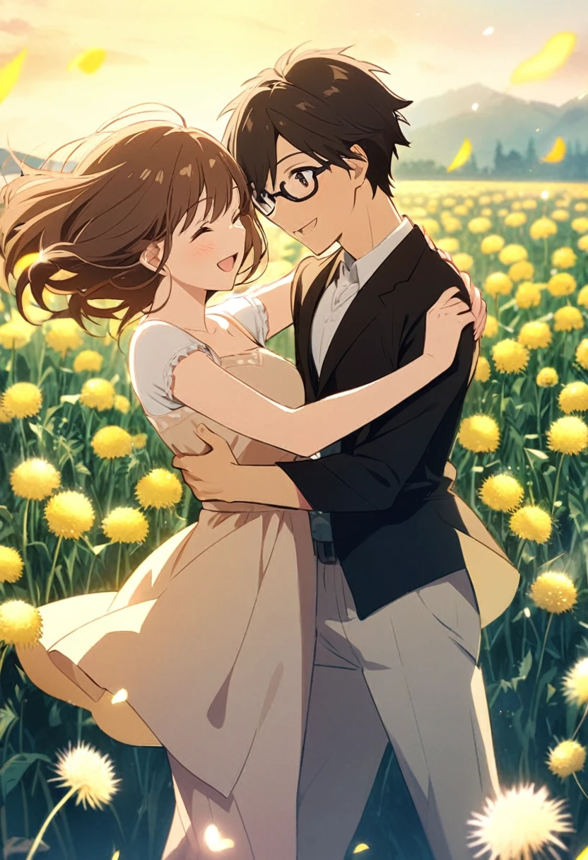 anime, two people, one beautiful female with long brown hair and no glasses, the other person is a male with short dark brown hair and black rimmed glasses, they are boyfriend and girlfriend, both smiling, dancing in a field of dandelions