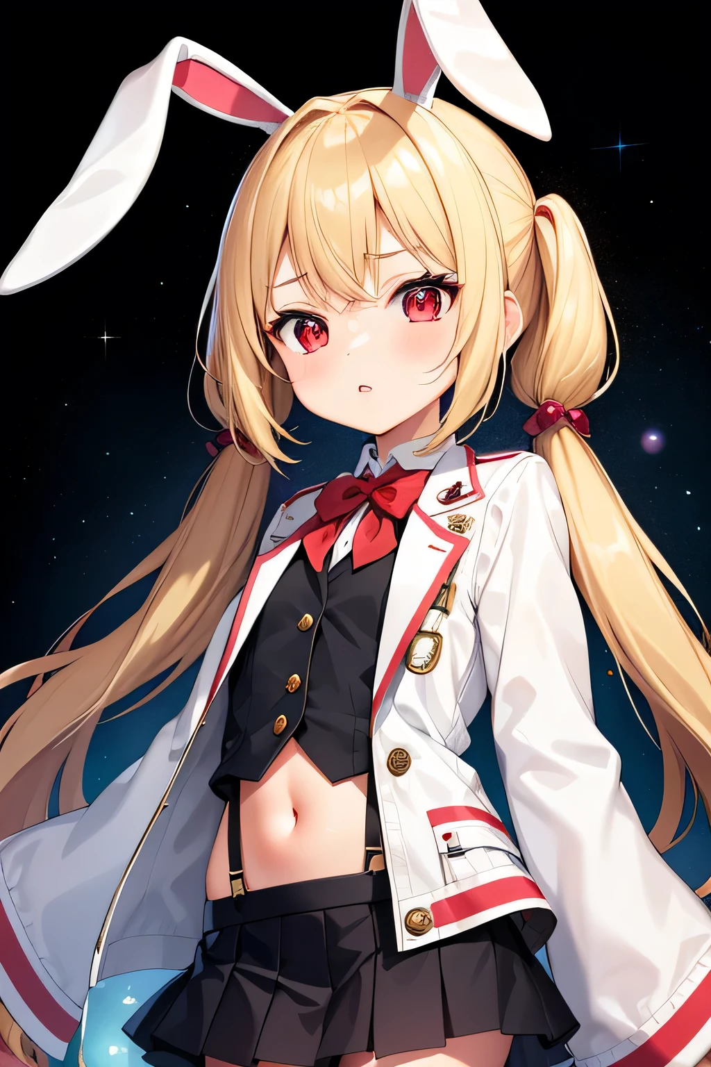 1girl,ruby, blonde hair, twintails, bangs, red eyes, very long hair, crystal bunny ears, futuristic rabbit ears, wide sleeves, very short jacket, open jacket, white jacket, suspenders, futuristic outfit, bubbles, a space background in the background, 1girl, solo, skirt, blonde hair, long hair, navel, very long hair, white background, pleated skirt, long sleeves, 