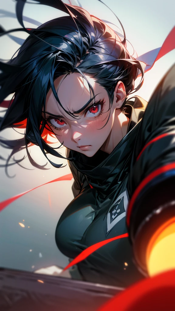(((EPIC ANIME HERO))) in a photorealistic style, photorealistic, (4k), depth of field, (Masterpiece), (realistic skin texture), extremely detailed, intricate, hyper detailed, high resolution, professional photography, depth of field, sharp detail, best quality, looking at viewer, 1woman, 30 old, red eyes!, ((masculine appearance:1)), looking into the camera, tired look, tired, empty look
