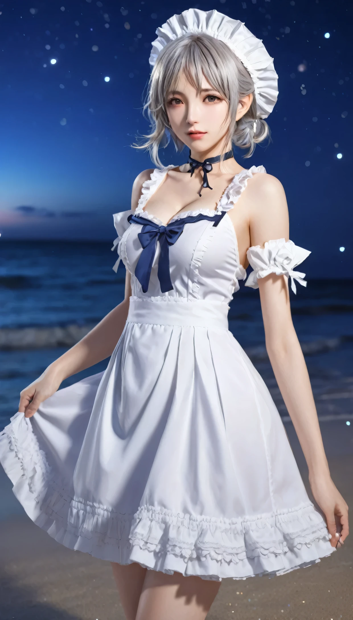 pussy_hair,cowboy shot, Top of the line CG, highest image quality, masterpiece,8k image quality,  exquisite and delicate beautiful girl, ,izayoi sakuya, touhou,maid headdress, maid, apron, short sleeves, dress,,on the beach,glowing stardust frontground,fantasy,sparkling,fireflies,