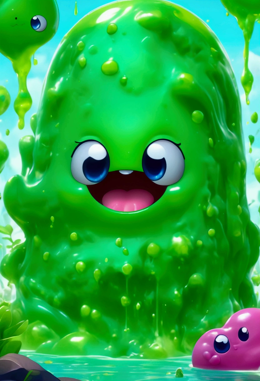 (cute Slime, fantasy creature), fantasy art, an imaginative scene on floating clouds with a dreamy sky in the background, full body, award-winning, cinematic still, emotional, vignette, dynamic, vivid, (masterpiece, best quality, photorealistic, Professional, perfect composition, very aesthetic, absurdres, ultra-detailed, intricate details:1.3)​