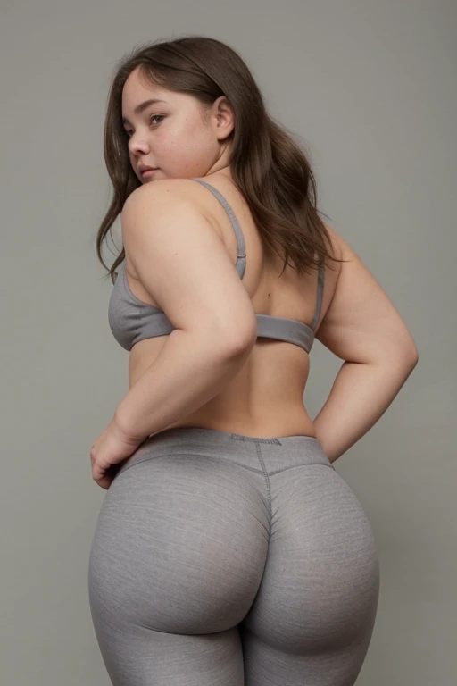 Back view fat ass Very Young Chubby girl in gray leggings bikini top