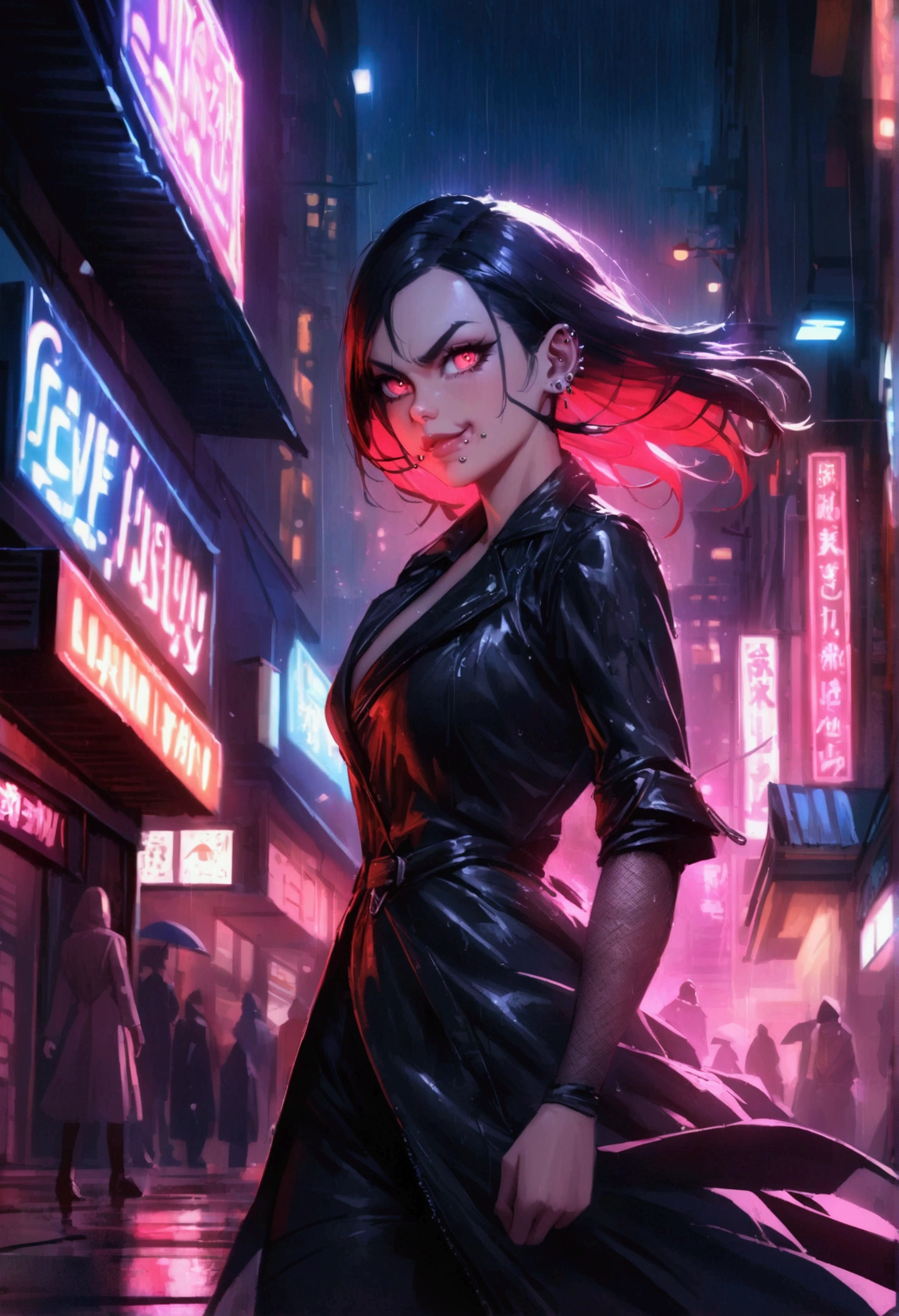(anime women), devil may cry inspired women, (neon red viper eyes) standing in a rain soaked, city street at night, cinematic lighting (best quality:1.2)detailed, neon lights, vivid colors,bokeh, angry looking face with smirk on mouth, piercing, ((piercing)), gaze, 4k, particles in the air, powers, amazing art work full of details, dynamic movement, (lips)