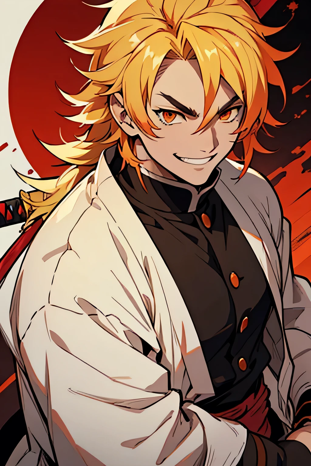 white young man, blonde hair with red highlights, orange eyes, rengoku eyebrows, smile, demon slayer uniform, katana, pride smile, medium hair, messy hair