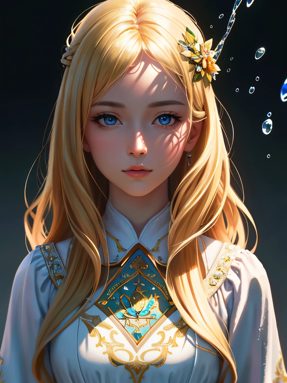 masterpiece, highest quality, ultra detail, illustration, beautiful detail, depth of field, dynamic angle, 8k wallpaper, portrait, best light and shadow quality, 4k, 8k, cg, fine detail, blurred background, upper body, contemporary, dress, blonde, long hair, beautiful eyes, beautiful splash