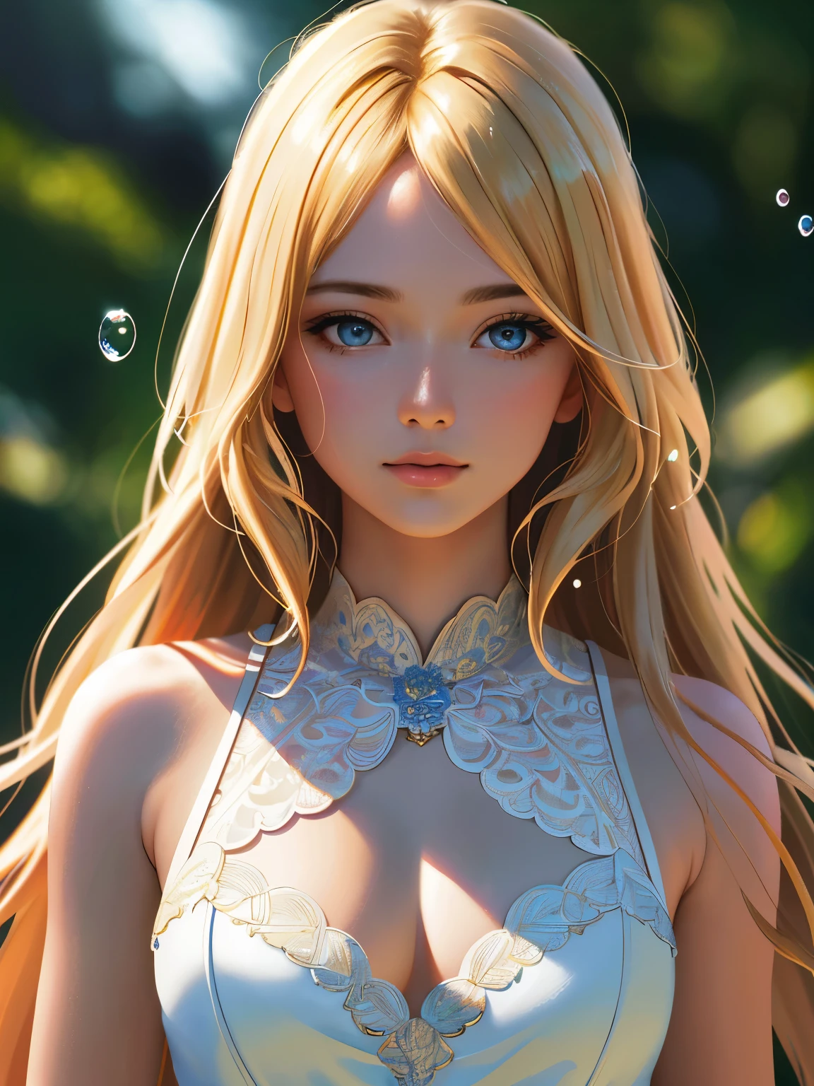 masterpiece, highest quality, ultra detail, illustration, beautiful detail, depth of field, dynamic angle, 8k wallpaper, portrait, best light and shadow quality, 4k, 8k, cg, fine detail, blurred background, upper body, contemporary, dress, blonde, long hair, beautiful eyes, beautiful splash