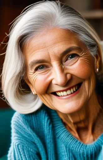 Old woman, beautiful, immaculate features,  knit sweater, smiling, pretty