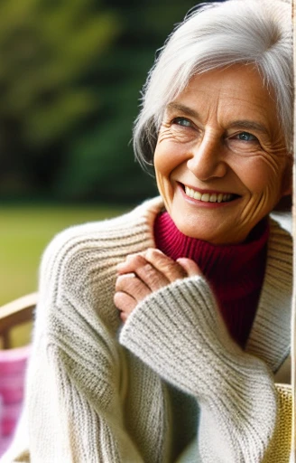 Old woman, beautiful, immaculate features,  knit sweater, smiling, pretty