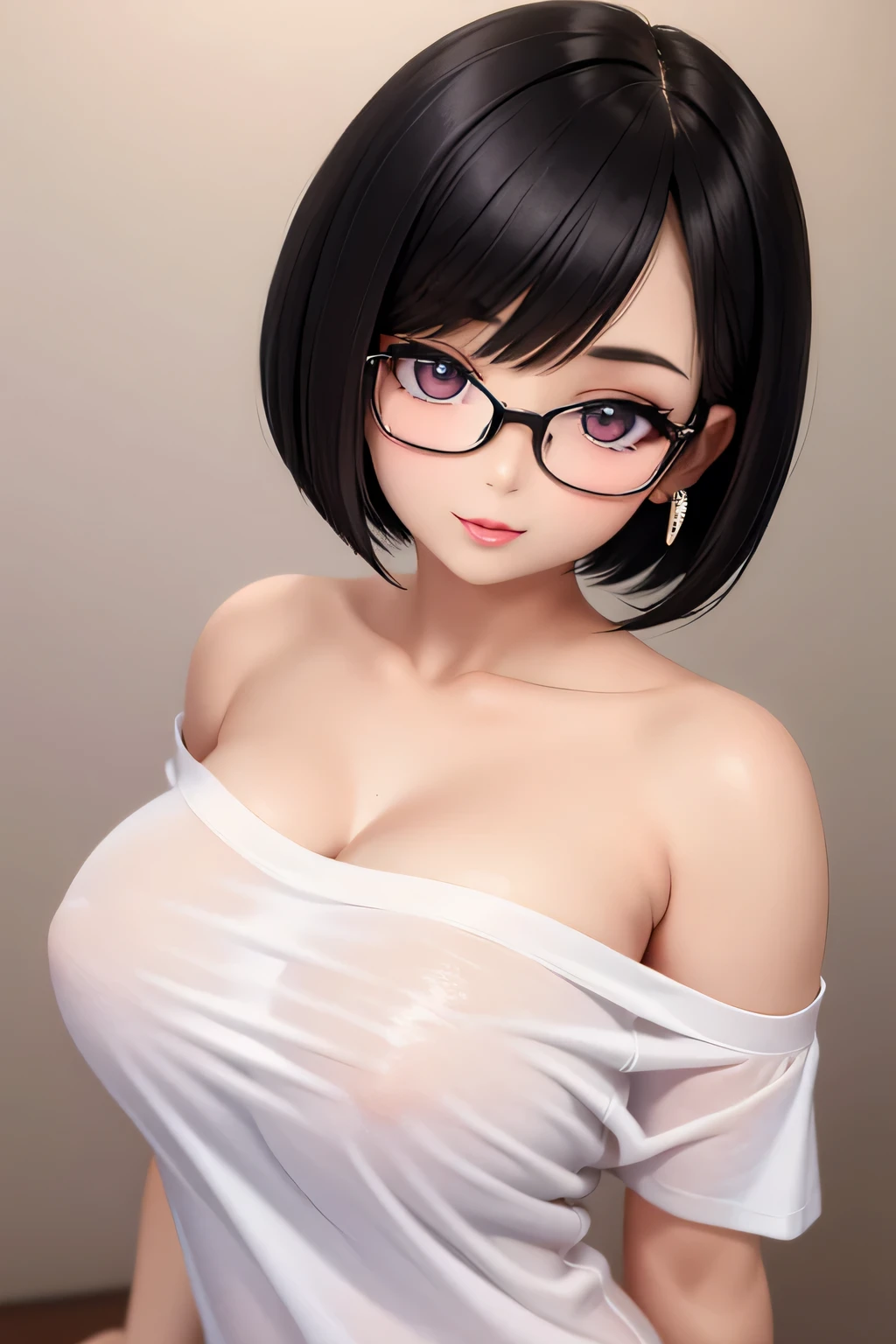 Amazing portrait of a cute and sexy woman with her black hair in a short bob hairstyle, cute but seductive eyes, perfect pink lips parted wearing glasses, long earrings, a loose oversized white t shirt falling off her shoulder emphasizing her bare shoulder and her medium chest seductively
