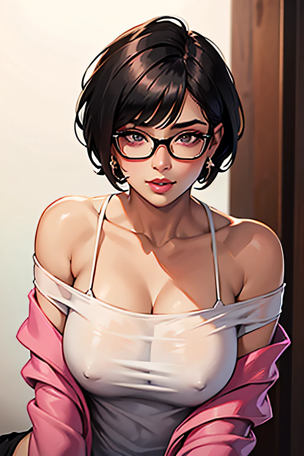 Amazing portrait of a cute and sexy woman with her black hair in a short bob hairstyle, cute but seductive eyes, perfect pink lips parted wearing glasses, long earrings, a loose oversized white t shirt falling off her shoulder emphasizing her bare shoulder and her medium chest seductively