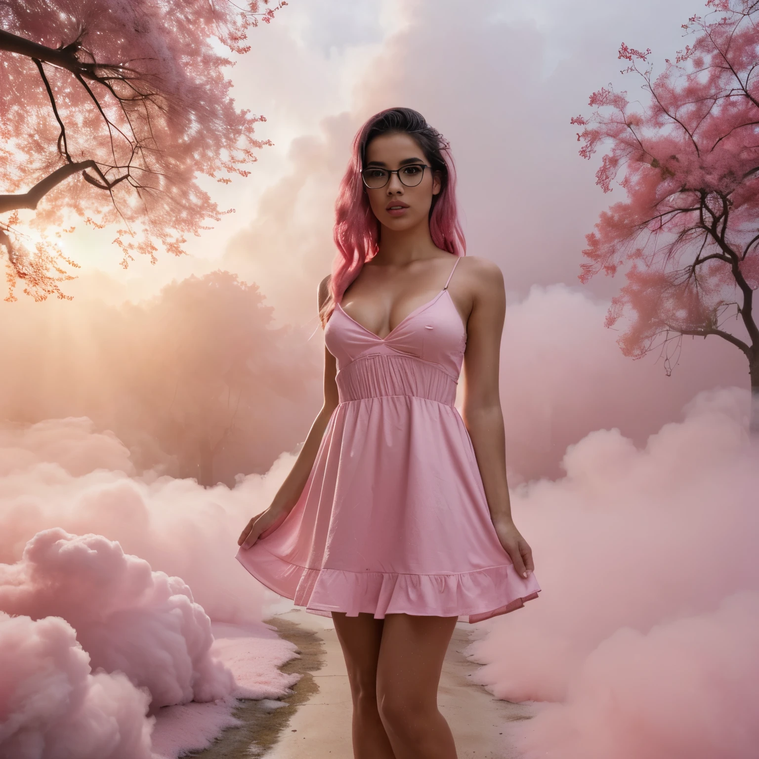 Adriana Morales is a beautiful young Spanish woman, beautiful rectangular face, she wears glasses, subtle make-up, soft skin, beautiful eyes, slick hair, medium breasts, (She floats through a pink fantasy world, A fantasy forest, with fantastic plants, trees and vines, lights dance around them, the clouds are like cotton candy, her dress is pink, she is barefoot, the plants and animals are pink, the fog is like pink candy floss, Fog and light create a magical atmosphere), taken from bottom left, (best quality:1.4), (ultra highres:1.2), (photorealestic:1.4), (8k, RAW-Foto:1.2), Vivid colors