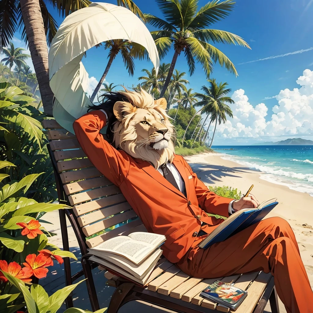 Lion in a retro suit, sitting on the seashore, holding a book in his hands, is reading, palm trees nearby