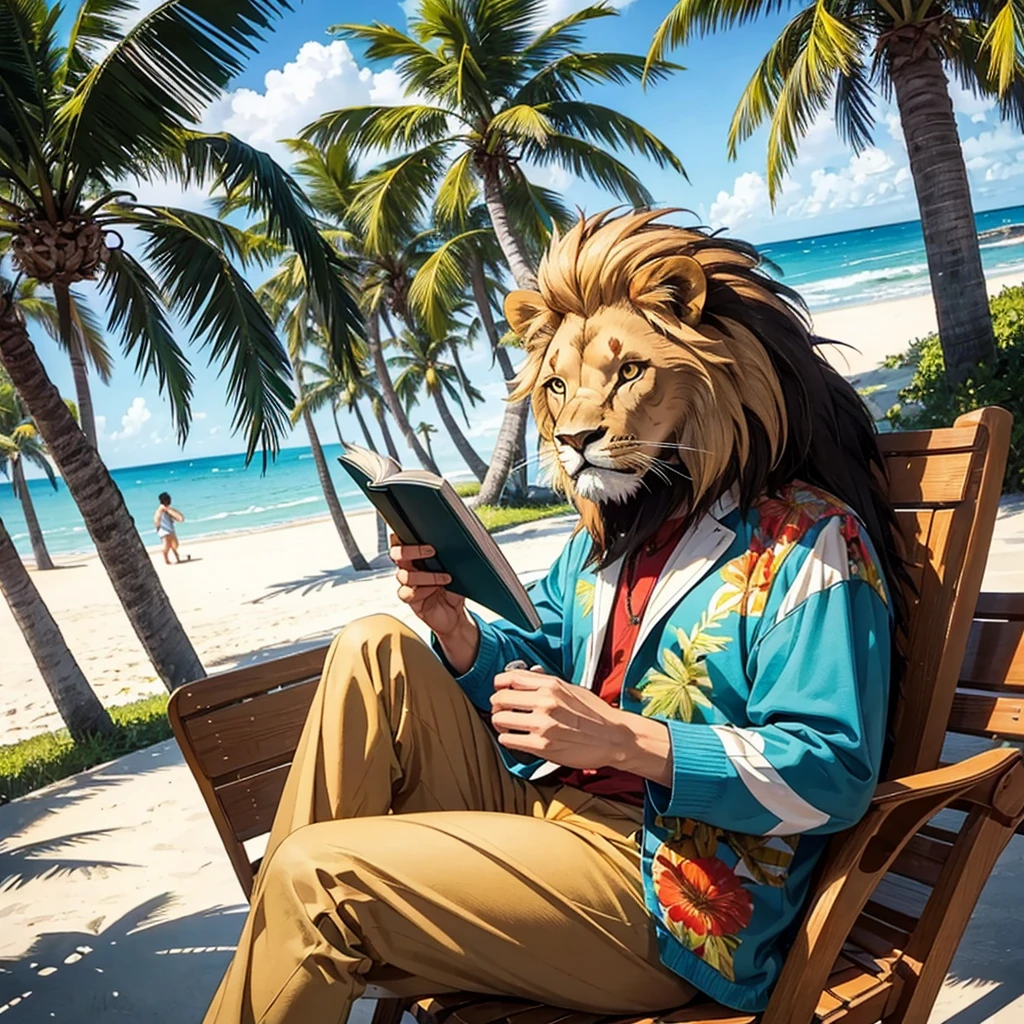 Lion in a retro suit, sitting on the seashore, holding a book in his hands, is reading, palm trees nearby