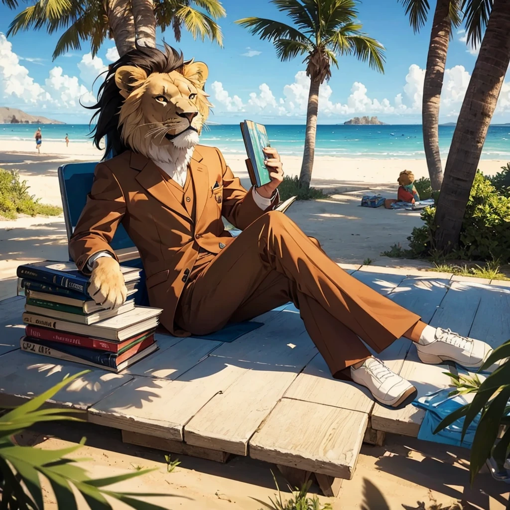 Lion in a retro suit, sitting on the seashore, holding a book in his hands, is reading, palm trees nearby