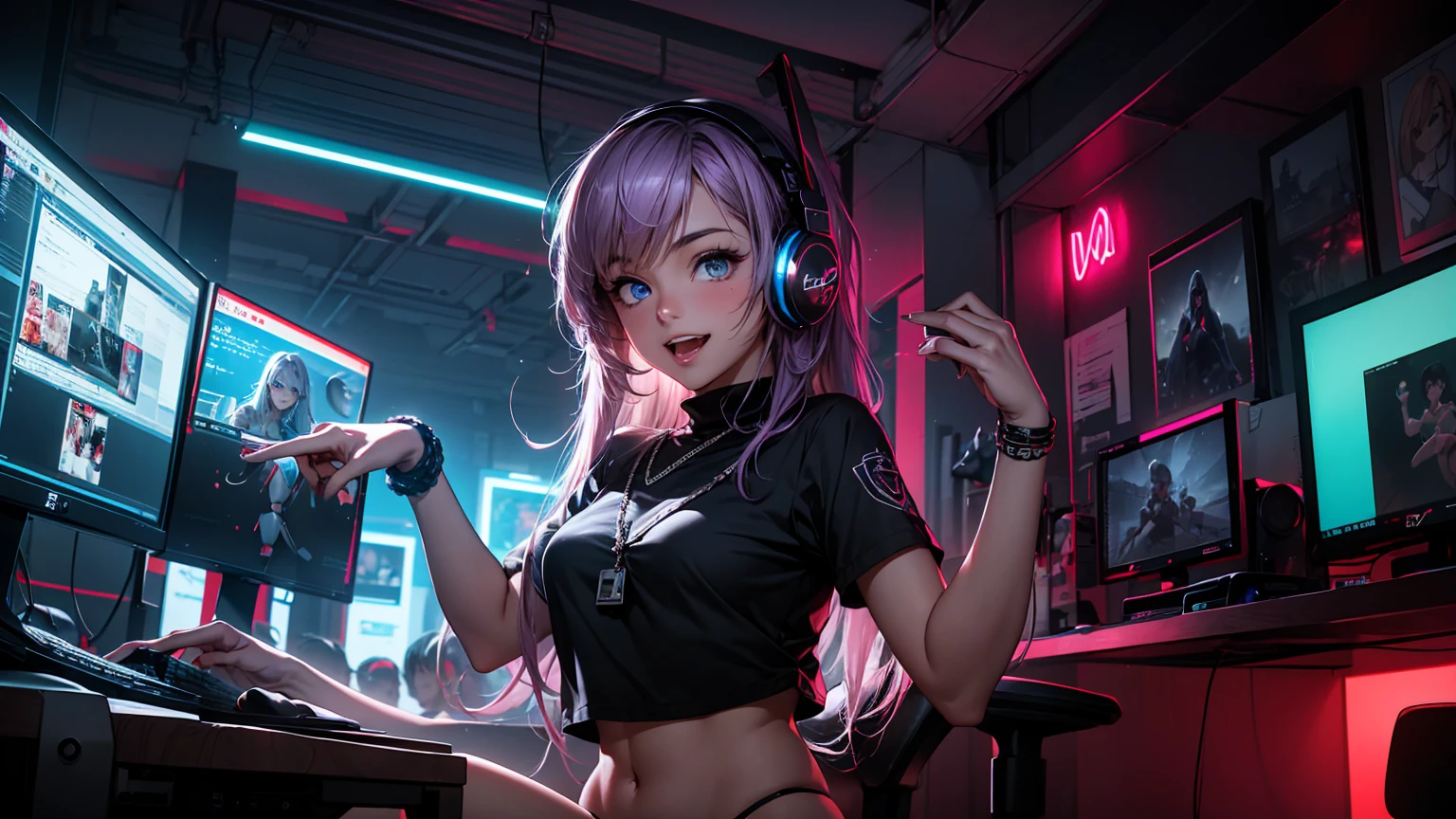 Create a top-quality image of an excited 18-year-old girl with a heart tattoo on her right shoulder. She has long purple hair and blue eyes, and she’s wearing a super short black crop top and just panties, highlighting her slender figure. The girl is sitting up, her eyes wide with excitement as she celebrates reaching 1,000 subscribers on her YouTube channel. Her pose and expression capture the thrill of this milestone.
She is adorned with chain accessories, a black wristband, and gaming headphones. The background features a neon-colored room filled with gaming gear, including a gaming PC, gaming desk, gaming chair, and a gaming console. Intricate details, such as the texture of her hair, the glow of the neon lights, and the celebratory atmosphere, contribute to the high-quality visual artistry of the image.