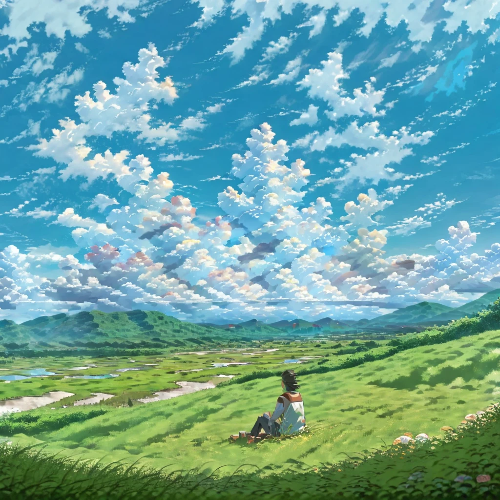 anime, anime landscape, beautiful hair, sitting in grass, guy looking at clouds, in a grassland, creative, realist, white clouds, blue sky, landscape amazing, guy looking away from camera, wide photo