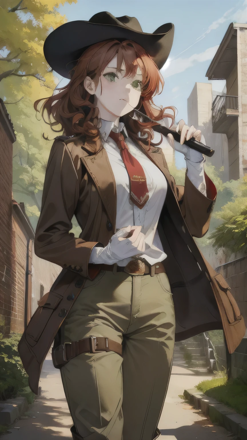 masterpiece, good quality, 1 girl, curly red hair, Cowboy costume, green eyes, brown gloves, brown boots with buckles, brown trousers, brown short jacket, cowboy hat