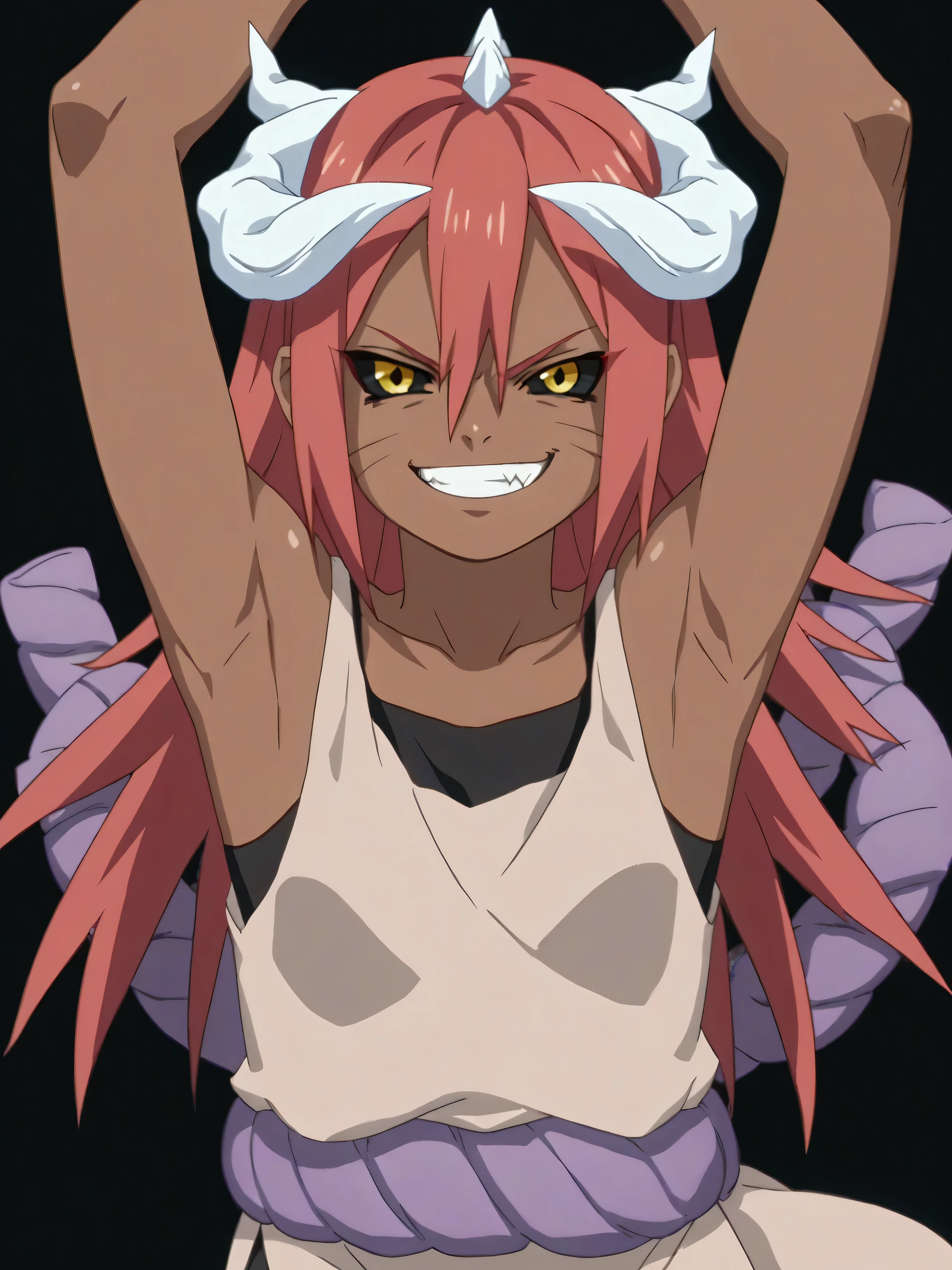 score_9, score_8_up, score_7_up, source_anime, tayuya, red hair, long hair, yellow eyes, white horns, dark skin, tan tunic, purple rope belt, sleeveless tunic, sleeveless, bare shoulders, bare arms, 1girl, solo, anime screencap, frontlighting, simple background, black background, dark background, soft light, shiny skin, shiny hair, looking at viewer, eye contact with viewer, evil smile, smirk, teeth, clenched teeth, arms up, raised arms, armpits, in the center, symmetrical, upright,