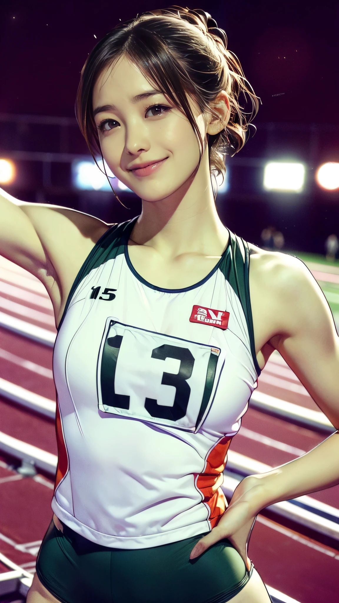 (great joy:1.5, Banzai Jump:1.5, smile), (9-year-old girl:1.5, Very slim:1.5, Very thin arms:1.5, Very Short Hair, Armpit Hair), (Tabletop:1.3), (8k, Realistic, RAW Photos, Highest quality: 1.4), (Shortcuts:1.3), ((Cute type, Big eyes, Droopy eyes)), (Real Skin), Beautiful Skin, 超High resolution, Ultra-realistic, High resolution, (夜のAthletics場, Track and Field:1.5), Athletics