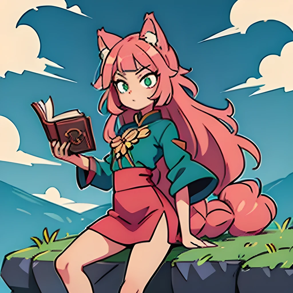 ((high quality, masterpiece)) Young woman, pink detailed hair hair, detailed emerald green eyes, wolf ears and fluffy tail, holding a book in his hands, genshin style clothing, piro eye poga on clothes, beautiful background, difficult angle, 3K, ultra detailedization, красивая anime илюстрация, full length, anime, mega detailization, illustration, 1 Young woman. flowers, long hair, full length, a high resolution, strong hair dilation, anime, anime, anime, 1 Young woman