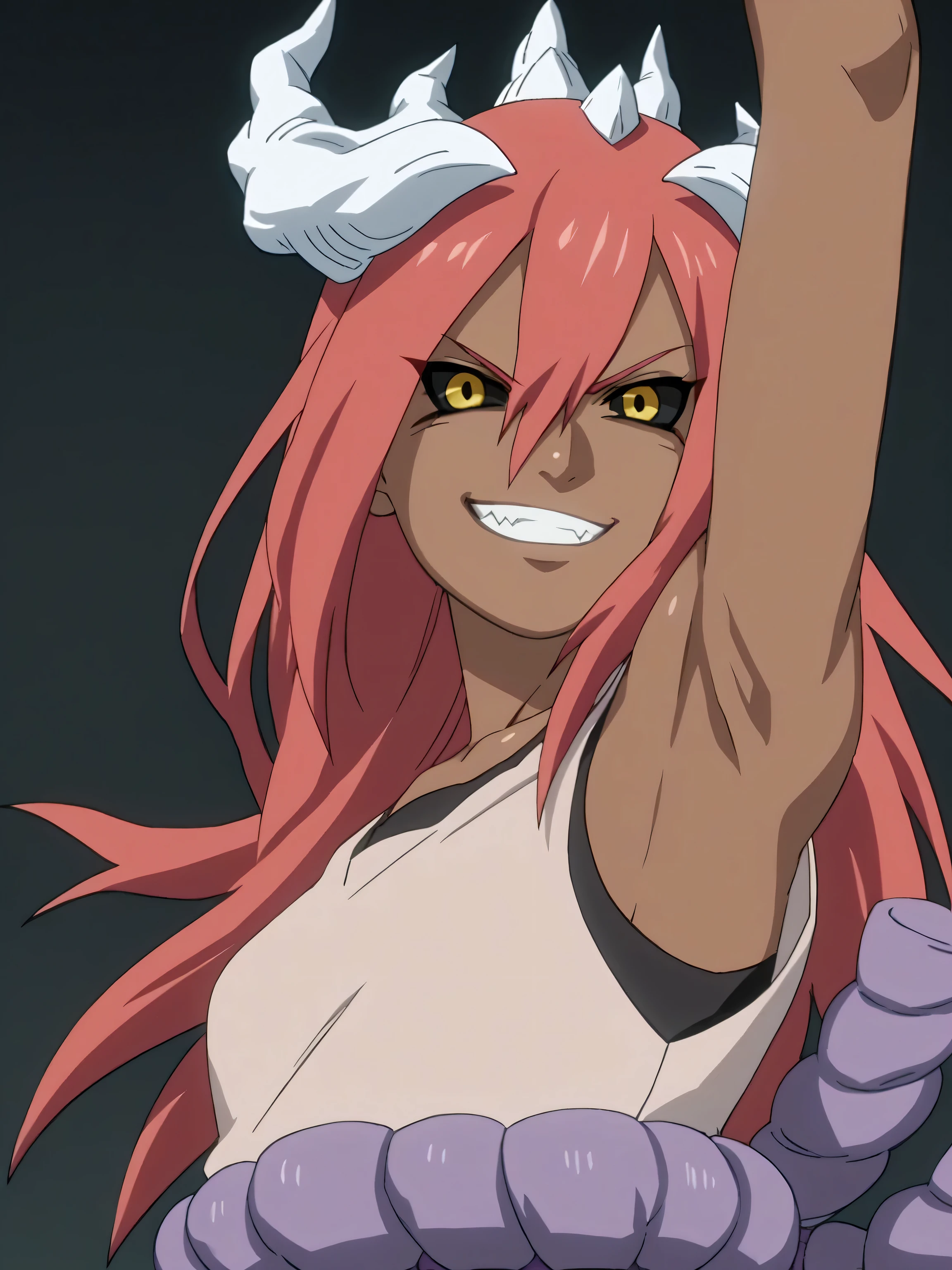 score_9, score_8_up, score_7_up, source_anime, tayuya, red hair, long hair, yellow eyes, white horns, dark skin, tan tunic, purple rope belt, sleeveless tunic, sleeveless, bare shoulders, bare arms, 1girl, solo, anime screencap, frontlighting, simple background, black background, dark background, soft light, shiny skin, shiny hair, looking at viewer, eye contact with viewer, evil smile, smirk, teeth, clenched teeth, arms up, raised arms, armpits, in the center, symmetrical, upright,