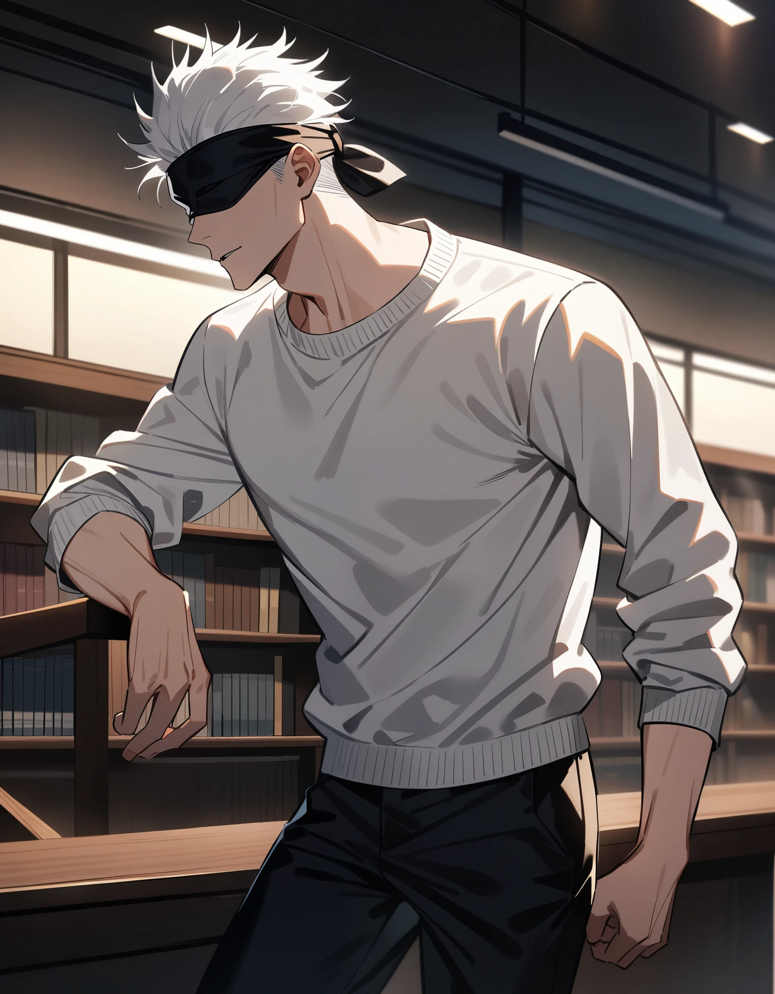 4k, Very detailed, hd, Gojou Satoru, white hair, blindfolded, Jujutsu Kaisen, casual white sweater, long black pants, only 1 man, handsome, in the library