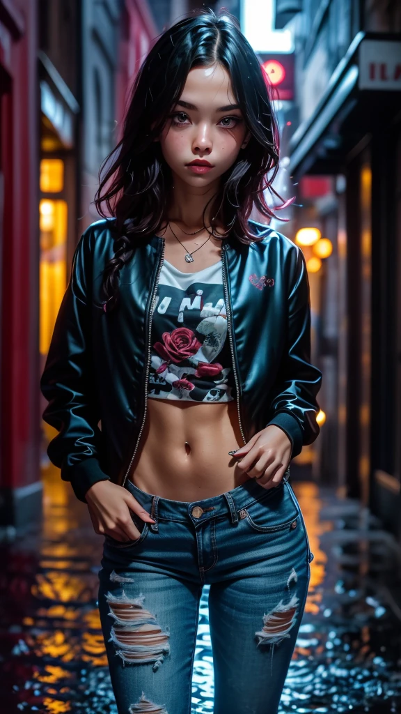 Photographie en gros plan, Jeune femme suicide girl avec des tatouages sur le corps, toute  poitrine sous son t-shirt, seul, confiante, aux cheveuxmulticolore blonds et roses avec une frange et des tresses, porter un blouson en jeans sans manches, avec des motifs roses et bleus dessus, in a street soaked by rain at night, photoreallistic, lighting cinematic