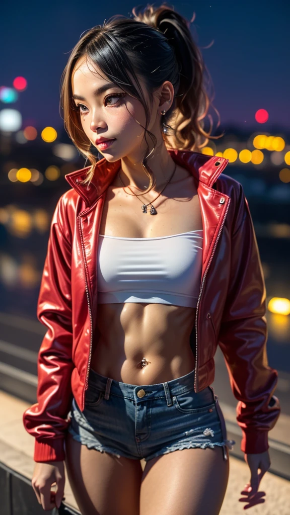 ((1girl)), masterpiece, hyper realistic, age asian girl, delicate face, beautiful face, perfect body, slender, ((leaning against the side of a building)), ((hair in ponytail)), (((wearing tight white translucent tube top with red leather mini crop jacket))), ((midriff exposed)), (short torn denim skirt with lacy black panty hose), sunglasses on head, smiling, blowing bubble gum, (night cityscape)