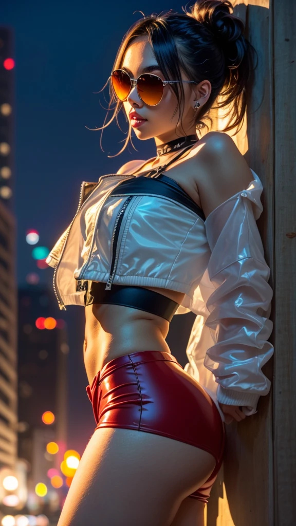 ((1girl)), masterpiece, hyper realistic, age asian girl, delicate face, beautiful face, perfect body, slender, ((leaning against the side of a building)), ((hair in ponytail)), (((wearing tight white translucent tube top with red leather mini crop jacket))), ((midriff exposed)), (short torn denim skirt with lacy black panty hose), sunglasses on head, smiling, blowing bubble gum, (night cityscape)