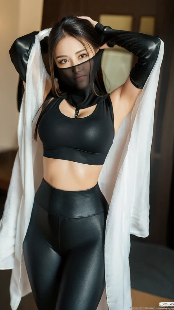 （lifelike， high - resolution：1.3），full body , 1 girl with a perfect body， Super fine face and eyes，slong hair， midriff of black colors：1.2， black shiny leggings，face veil,   big boob，Expose cleavage, ninja pose.