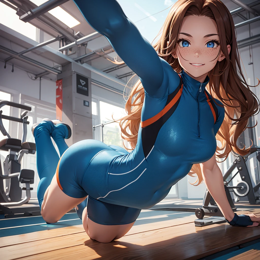 Setting: Training in the GymPose: Doing a plank exercisePrompt: Youthful and energetic woman, around 30 years old, slim but muscular, long wavy chestnut brown hair, large bright blue eyes, friendly smile, freckles on the face, tight-fitting futuristic clothing, sporty and stylish outfit, doing a plank exercise in a modern gym, warm and loving, confident and supportive, enthusiastic and motivating, playful and flirty.