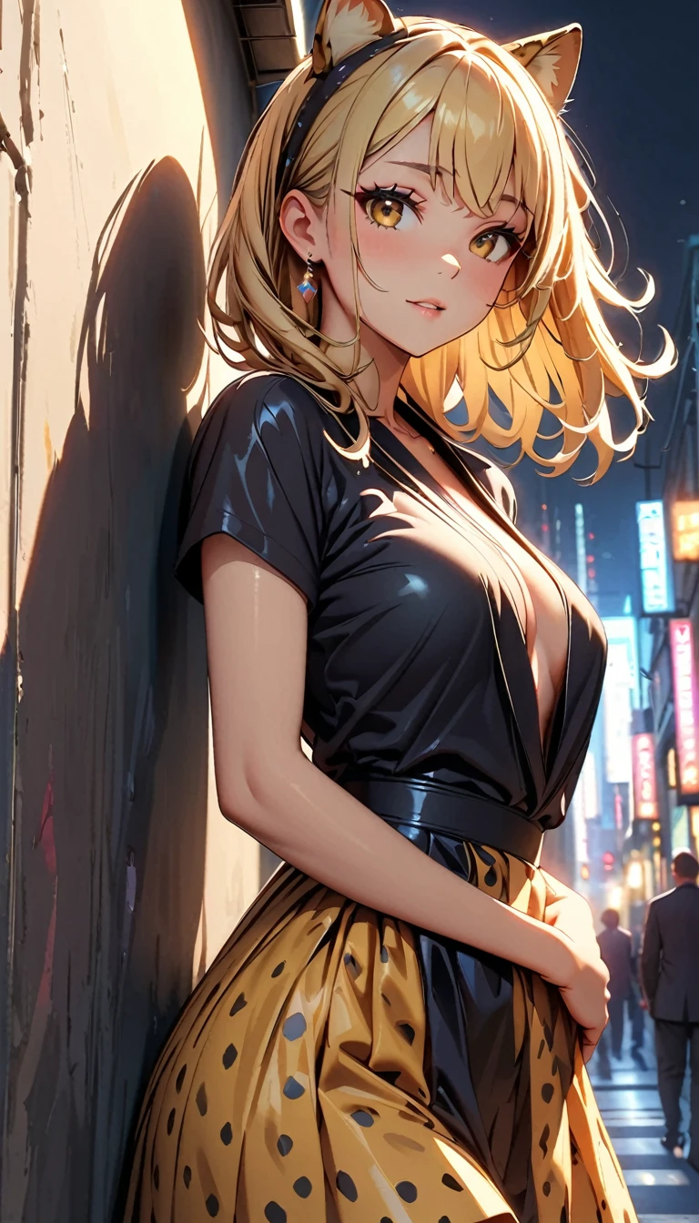 (Highest quality:1.2, High Detail, masterpiece:1.2, Best aesthetics), (1 girl), Beautiful woman, Cheetah Girl:1.2, Beautiful detailed eyes, Beautiful detailed lips, Highly detailed face, Detailed Fashion, elegant, luxury, High quality fabric, Shine, Shine, Leaning against a wall, Gaze lustfully at the viewer, Downtown, ((Cheetah Headband, Yellow and black polka dot dress:1.4, Obscene)), Cowboy Shot, Dramatic lighting, Cinematic, Bright colors, Intricate details, Chiaroscuro lighting.