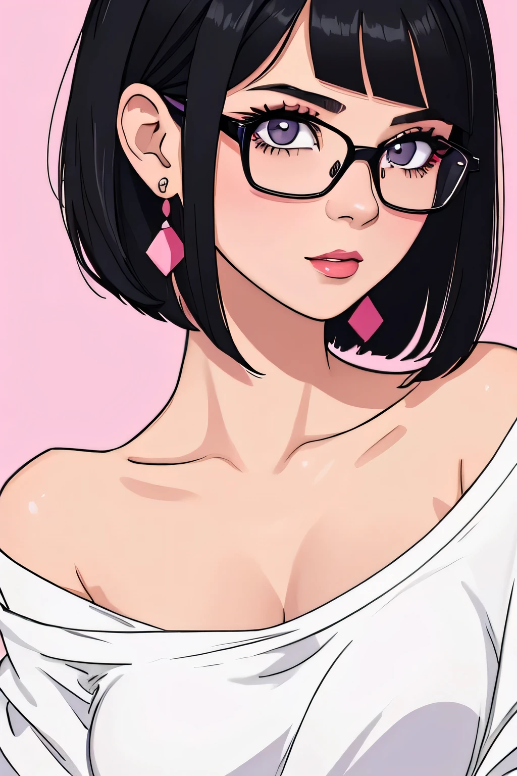 Amazing portrait of a cute and sexy woman with her black hair in a short bob hairstyle, cute but seductive eyes, perfect pink lips parted wearing glasses, long earrings, a loose oversized white t shirt falling off her shoulder emphasizing her bare shoulder and her medium chest seductively