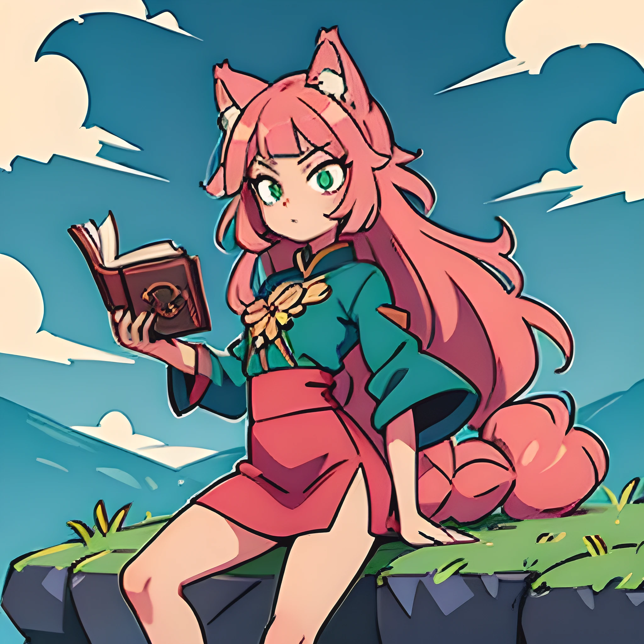((high quality, masterpiece)) Young woman, pink detailed hair hair, detailed emerald green eyes, wolf ears and fluffy tail, holding a book in his hands, genshin style clothing, piro eye poga on clothes, beautiful background, difficult angle, 3K, ultra detailedization, красивая anime илюстрация, full length, anime, mega detailization, illustration, 1 Young woman. flowers, long hair, full length, a high resolution, strong hair dilation, anime, anime, anime, 1 Young woman